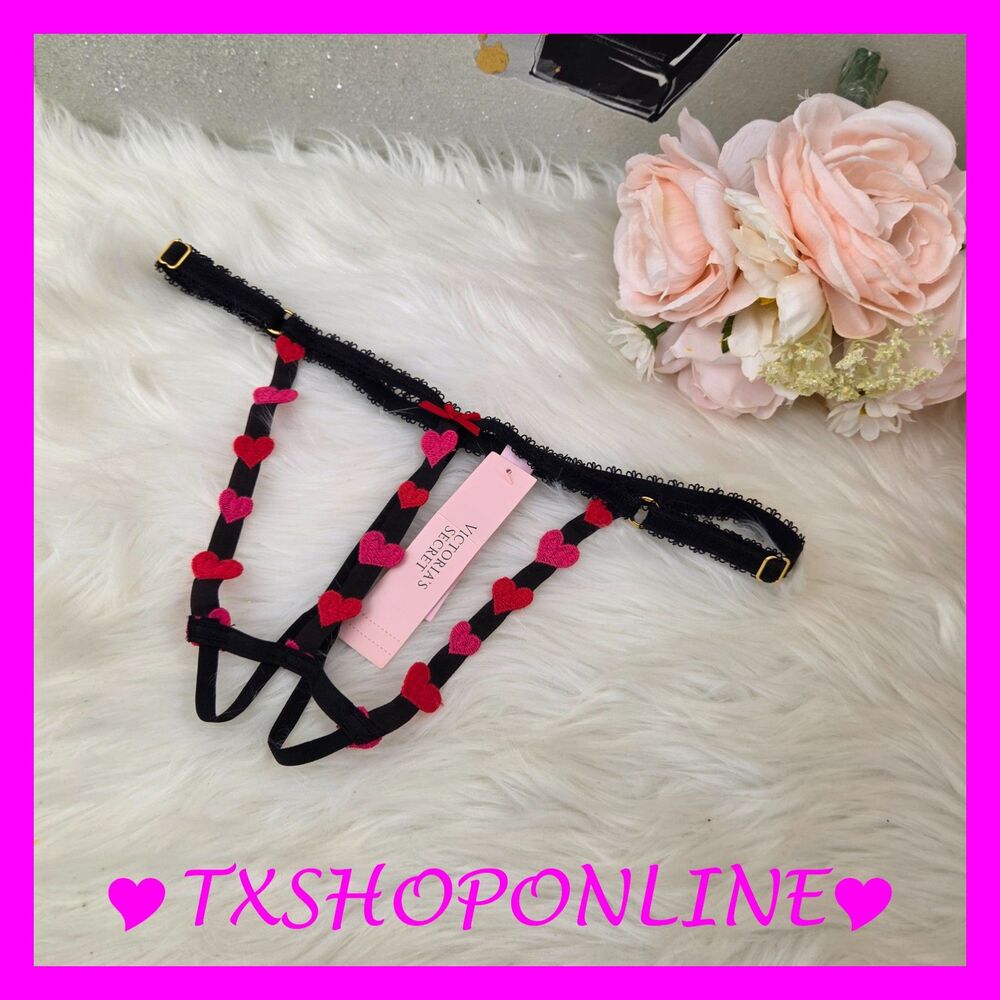 💗👙Victoria's Secret Strappy Heart Embroidery Crotchless V-String Panty👙💗